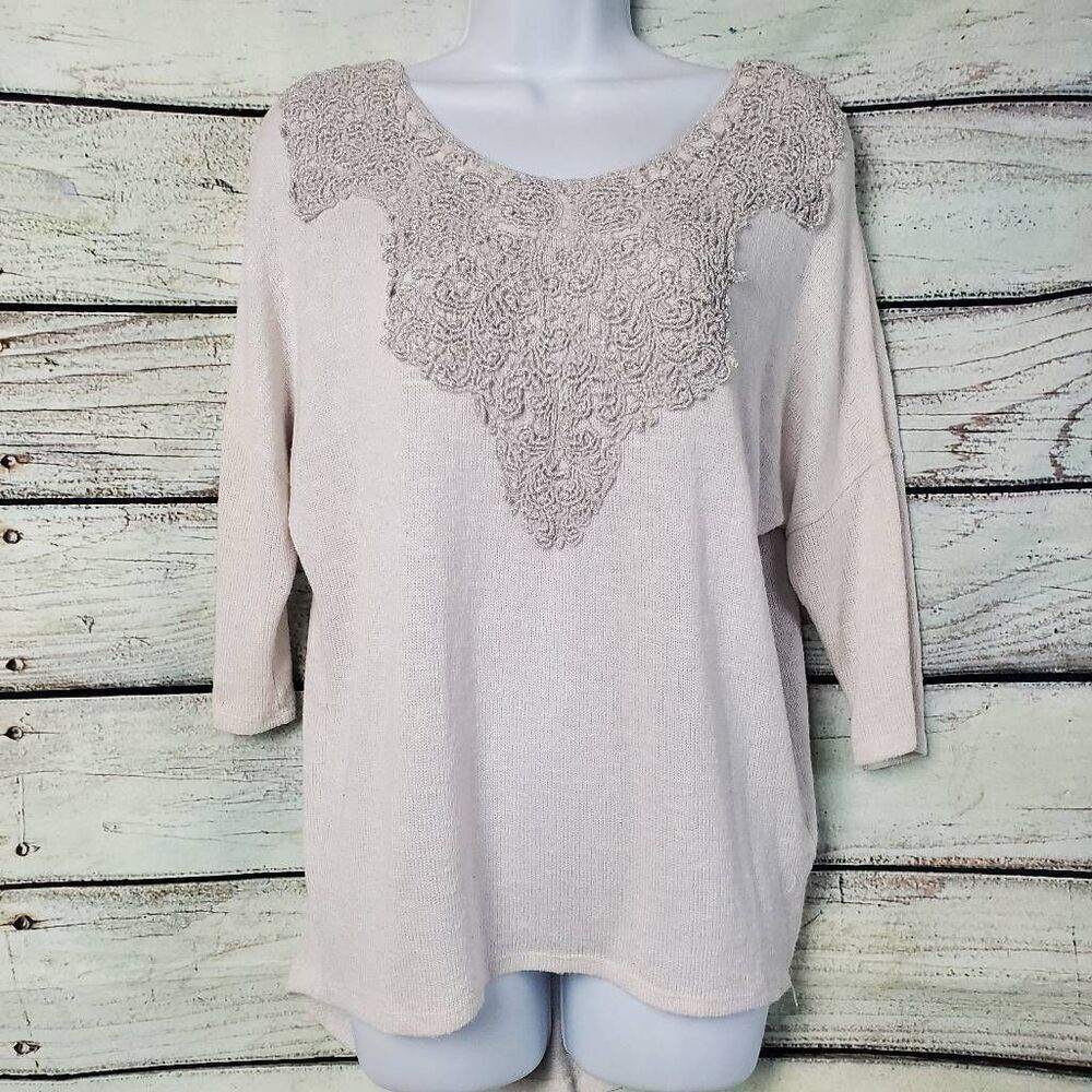 Studio Y Women's Small Cream Knit Top Lace Embroidered Front & Tie Back 3/4 Slee